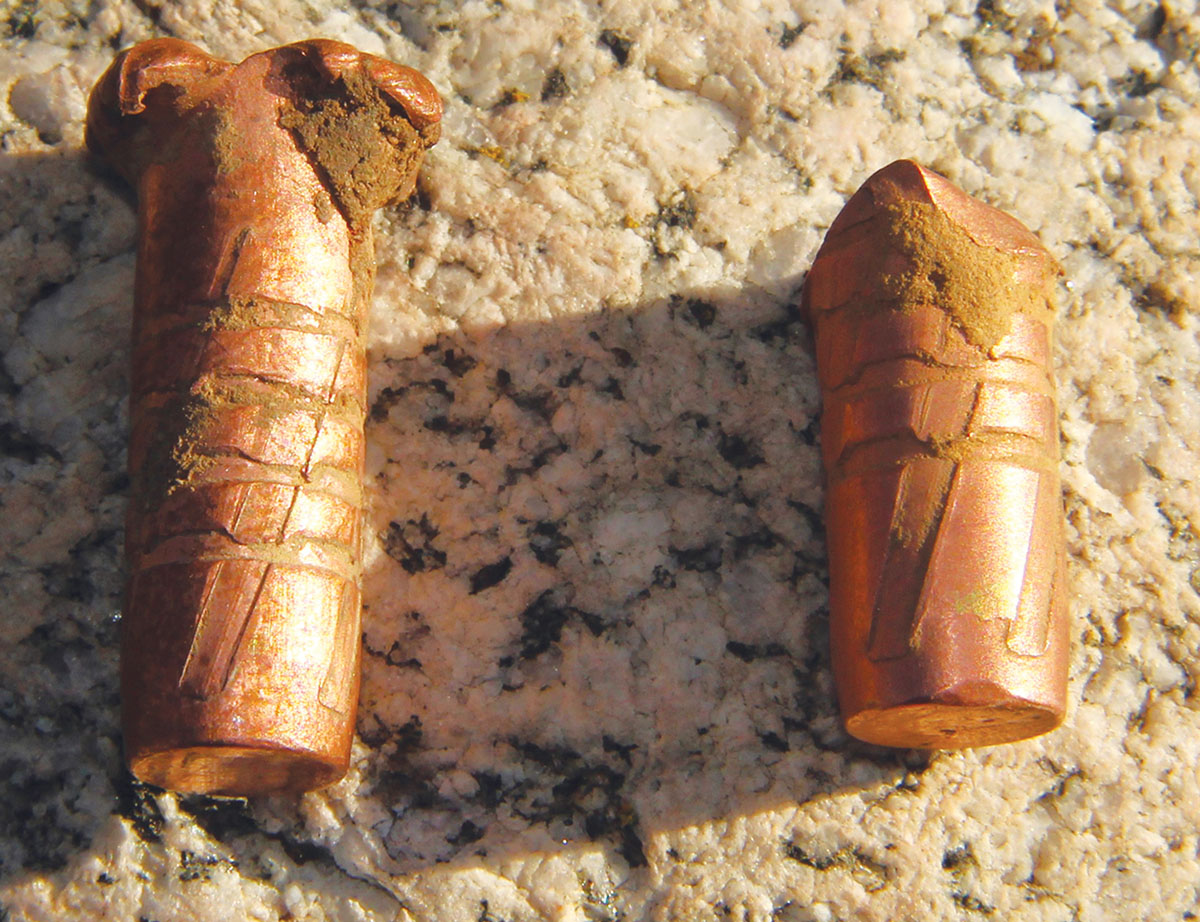 Shown here is the 210-grain Barnes Bullets TTSX BT subjected to approximately 1,200 fps and 2,000 fps, both recovered from moist earth. This essentially shows the difference between subsonic and supersonic terminal performance.